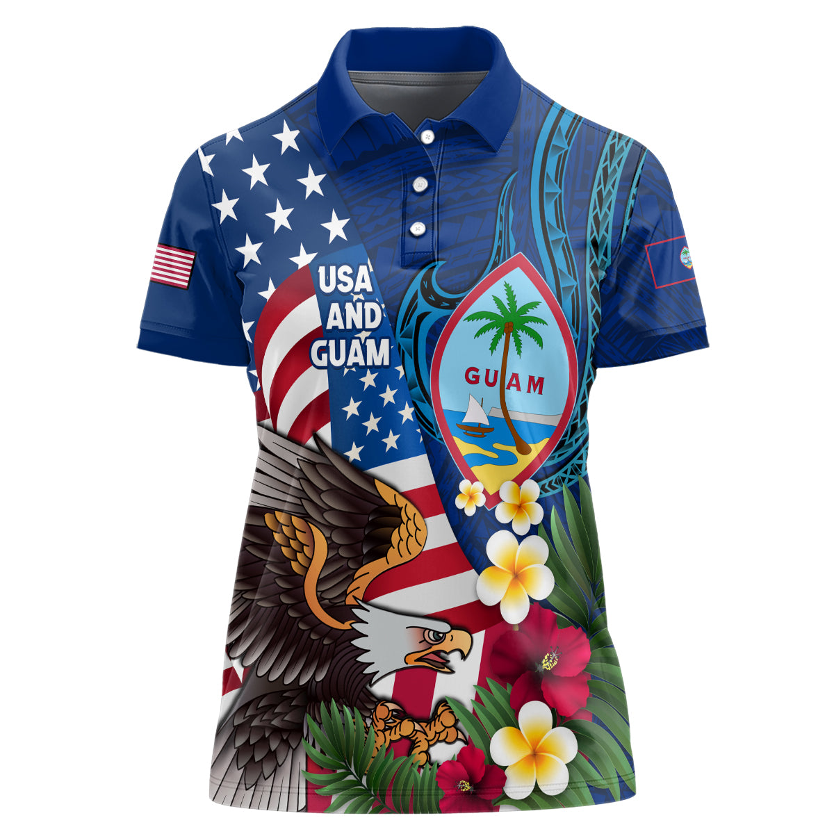 Personalised United States And Guam Women Polo Shirt USA Eagle With Guahan Seal Tropical Vibes LT14 Female Blue - Polynesian Pride