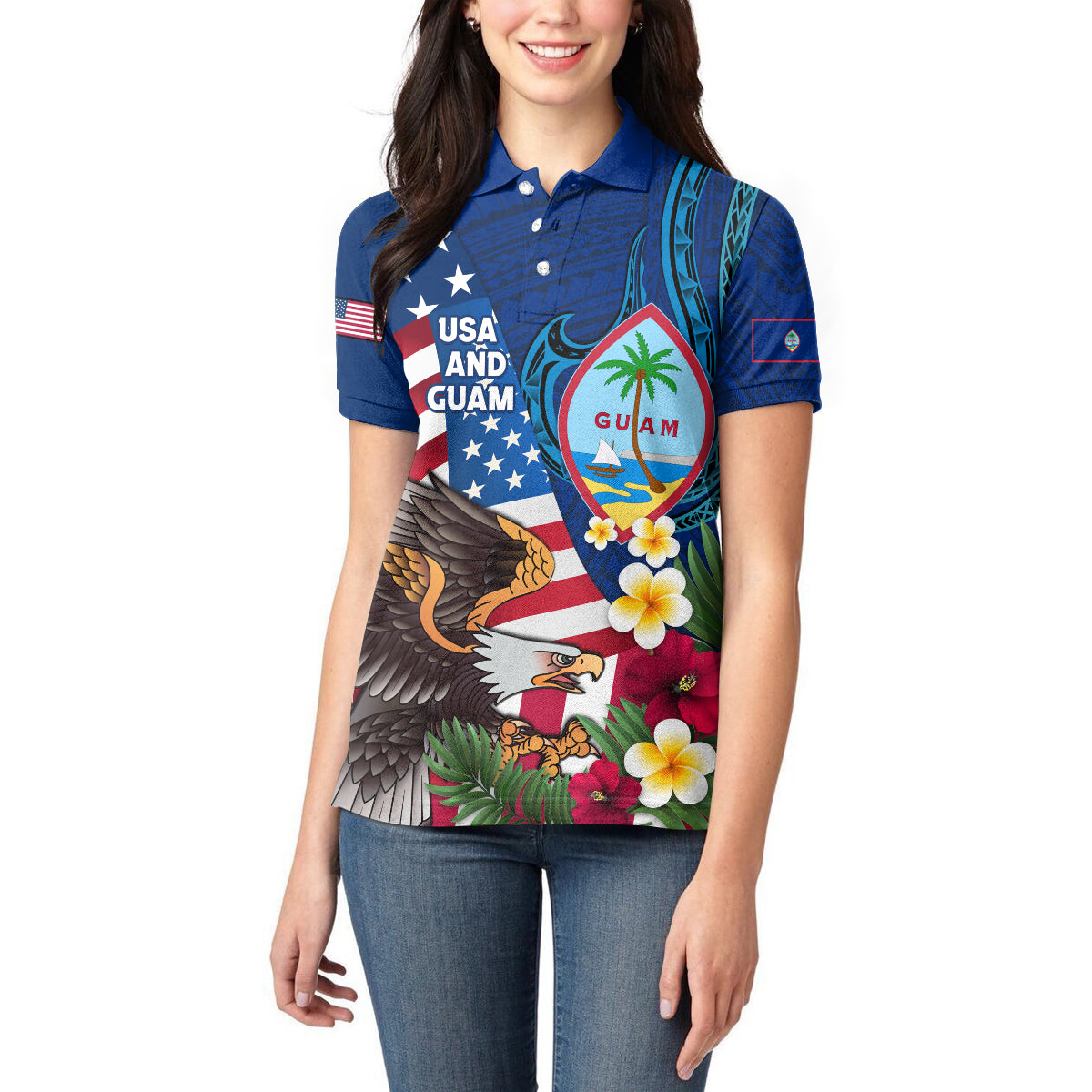 Personalised United States And Guam Women Polo Shirt USA Eagle With Guahan Seal Tropical Vibes LT14 - Polynesian Pride