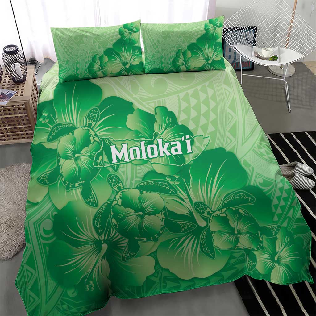 Aloha Hawaii Molokai Island Bedding Set Hibiscus Tribal Honu Hawaiian Tattoo Green