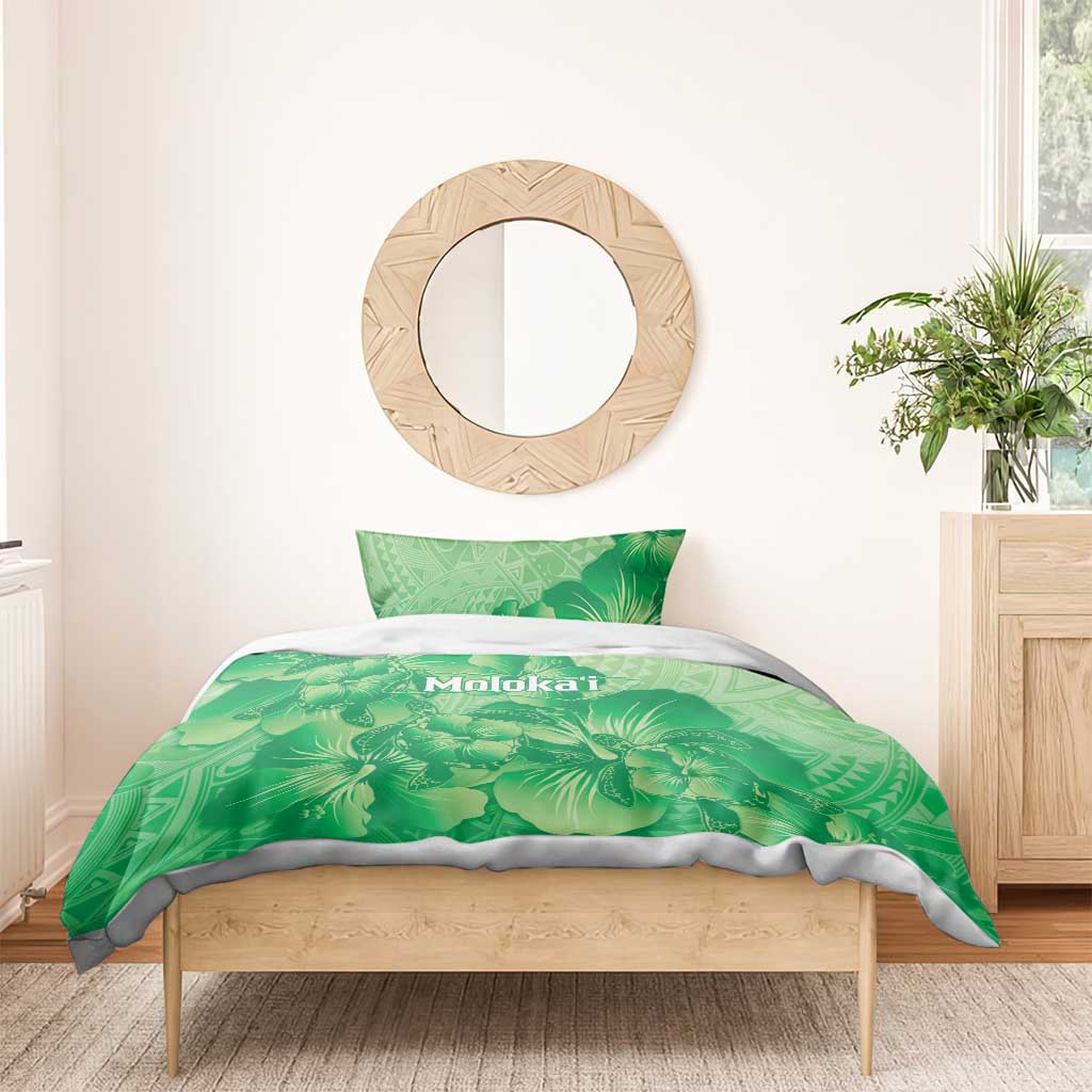 Aloha Hawaii Molokai Island Bedding Set Hibiscus Tribal Honu Hawaiian Tattoo Green