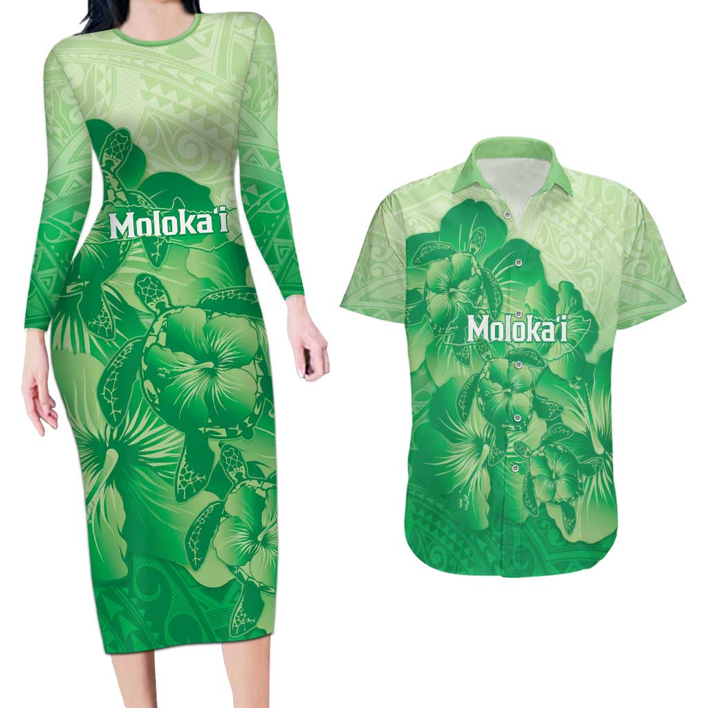 Aloha Hawaii Molokai Island Couples Matching Long Sleeve Bodycon Dress and Hawaiian Shirt Hibiscus Tribal Honu Hawaiian Tattoo Green LT14 Green - Polynesian Pride