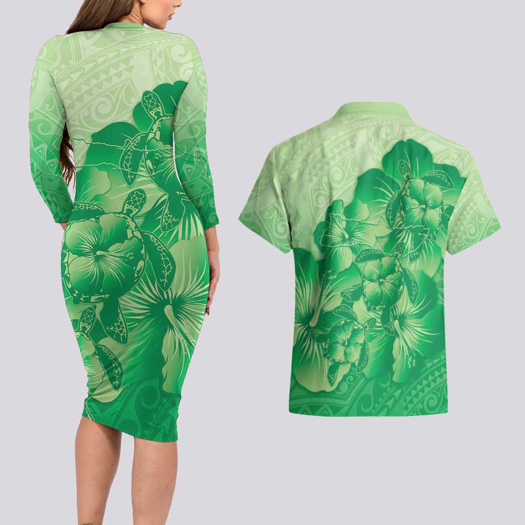 Aloha Hawaii Molokai Island Couples Matching Long Sleeve Bodycon Dress and Hawaiian Shirt Hibiscus Tribal Honu Hawaiian Tattoo Green LT14 - Polynesian Pride