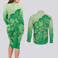 Aloha Hawaii Molokai Island Couples Matching Long Sleeve Bodycon Dress and Long Sleeve Button Shirt Hibiscus Tribal Honu Hawaiian Tattoo Green LT14 - Polynesian Pride