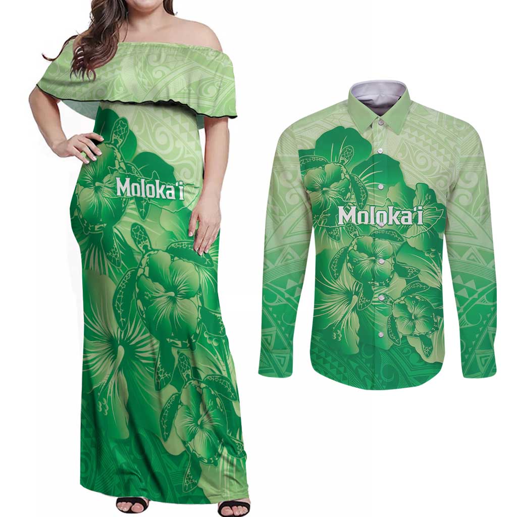 Aloha Hawaii Molokai Island Couples Matching Off Shoulder Maxi Dress and Long Sleeve Button Shirt Hibiscus Tribal Honu Hawaiian Tattoo Green LT14 Green - Polynesian Pride