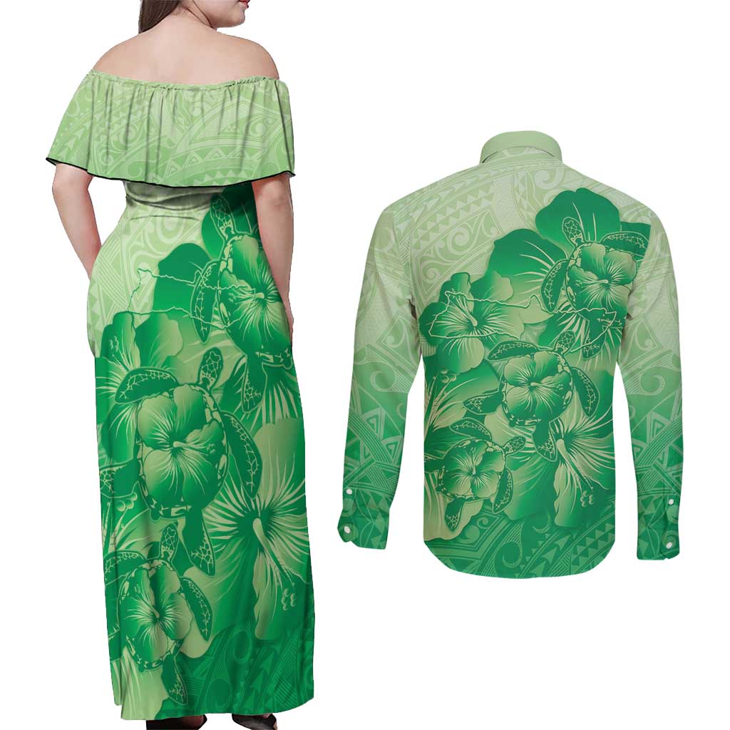 Aloha Hawaii Molokai Island Couples Matching Off Shoulder Maxi Dress and Long Sleeve Button Shirt Hibiscus Tribal Honu Hawaiian Tattoo Green LT14 - Polynesian Pride