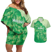 Aloha Hawaii Molokai Island Couples Matching Off Shoulder Short Dress and Hawaiian Shirt Hibiscus Tribal Honu Hawaiian Tattoo Green LT14 Green - Polynesian Pride