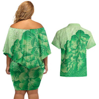 Aloha Hawaii Molokai Island Couples Matching Off Shoulder Short Dress and Hawaiian Shirt Hibiscus Tribal Honu Hawaiian Tattoo Green LT14 - Polynesian Pride