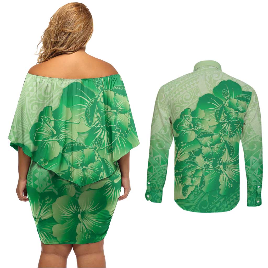 Aloha Hawaii Molokai Island Couples Matching Off Shoulder Short Dress and Long Sleeve Button Shirt Hibiscus Tribal Honu Hawaiian Tattoo Green LT14 - Polynesian Pride