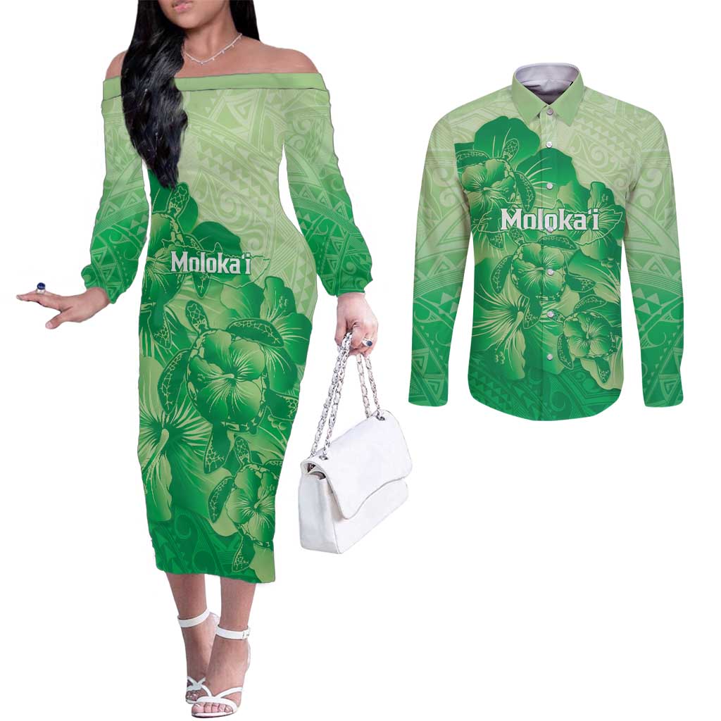 Aloha Hawaii Molokai Island Couples Matching Off The Shoulder Long Sleeve Dress and Long Sleeve Button Shirt Hibiscus Tribal Honu Hawaiian Tattoo Green LT14 Green - Polynesian Pride