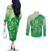 Aloha Hawaii Molokai Island Couples Matching Off The Shoulder Long Sleeve Dress and Long Sleeve Button Shirt Hibiscus Tribal Honu Hawaiian Tattoo Green LT14 - Polynesian Pride