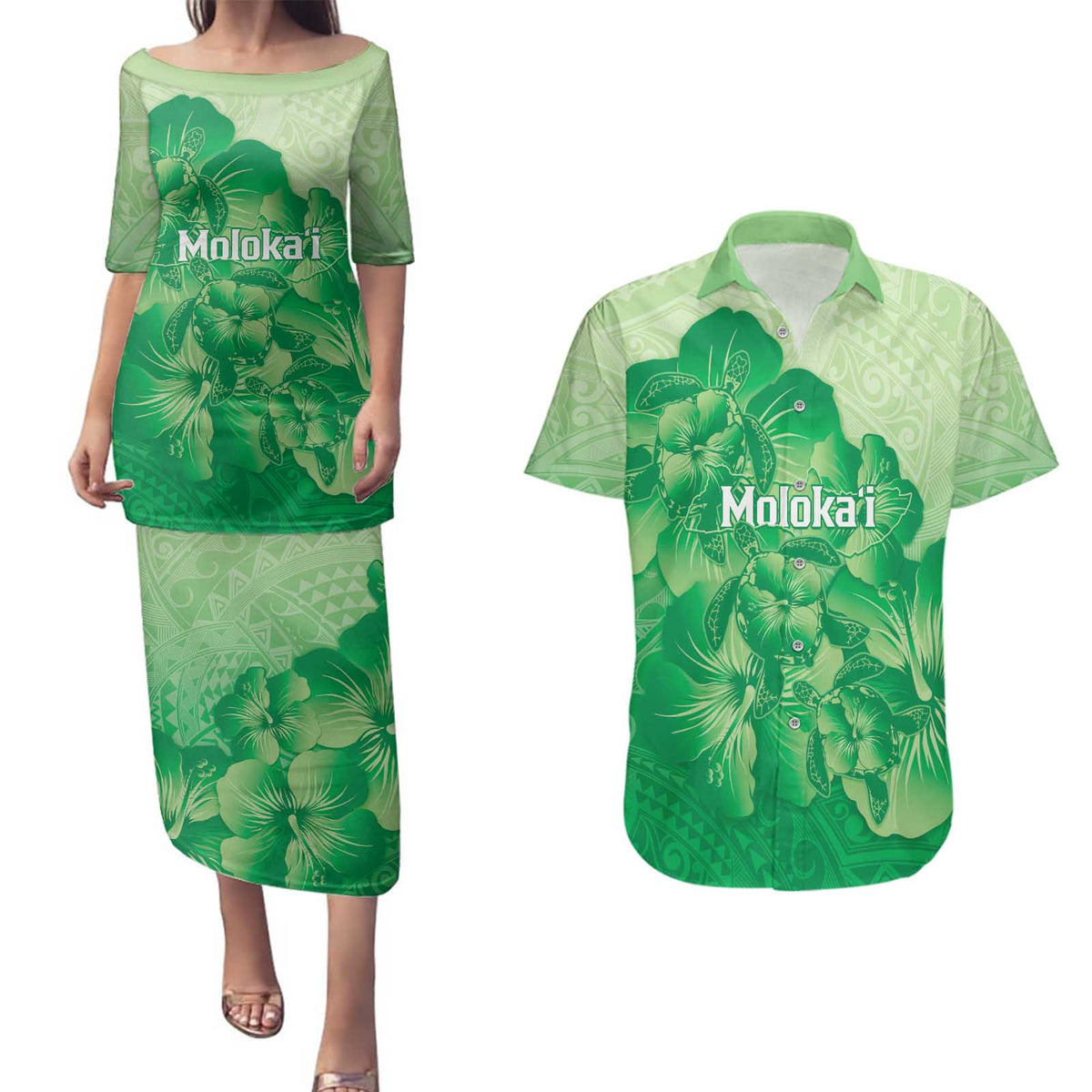 Aloha Hawaii Molokai Island Couples Matching Puletasi and Hawaiian Shirt Hibiscus Tribal Honu Hawaiian Tattoo Green LT14 Green - Polynesian Pride