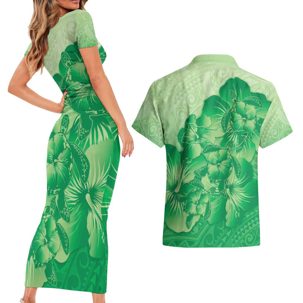Aloha Hawaii Molokai Island Couples Matching Short Sleeve Bodycon Dress and Hawaiian Shirt Hibiscus Tribal Honu Hawaiian Tattoo Green LT14 - Polynesian Pride