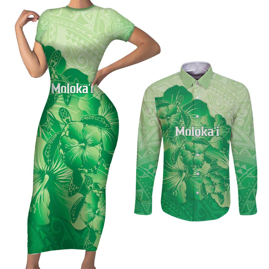 Aloha Hawaii Molokai Island Couples Matching Short Sleeve Bodycon Dress and Long Sleeve Button Shirt Hibiscus Tribal Honu Hawaiian Tattoo Green LT14 Green - Polynesian Pride