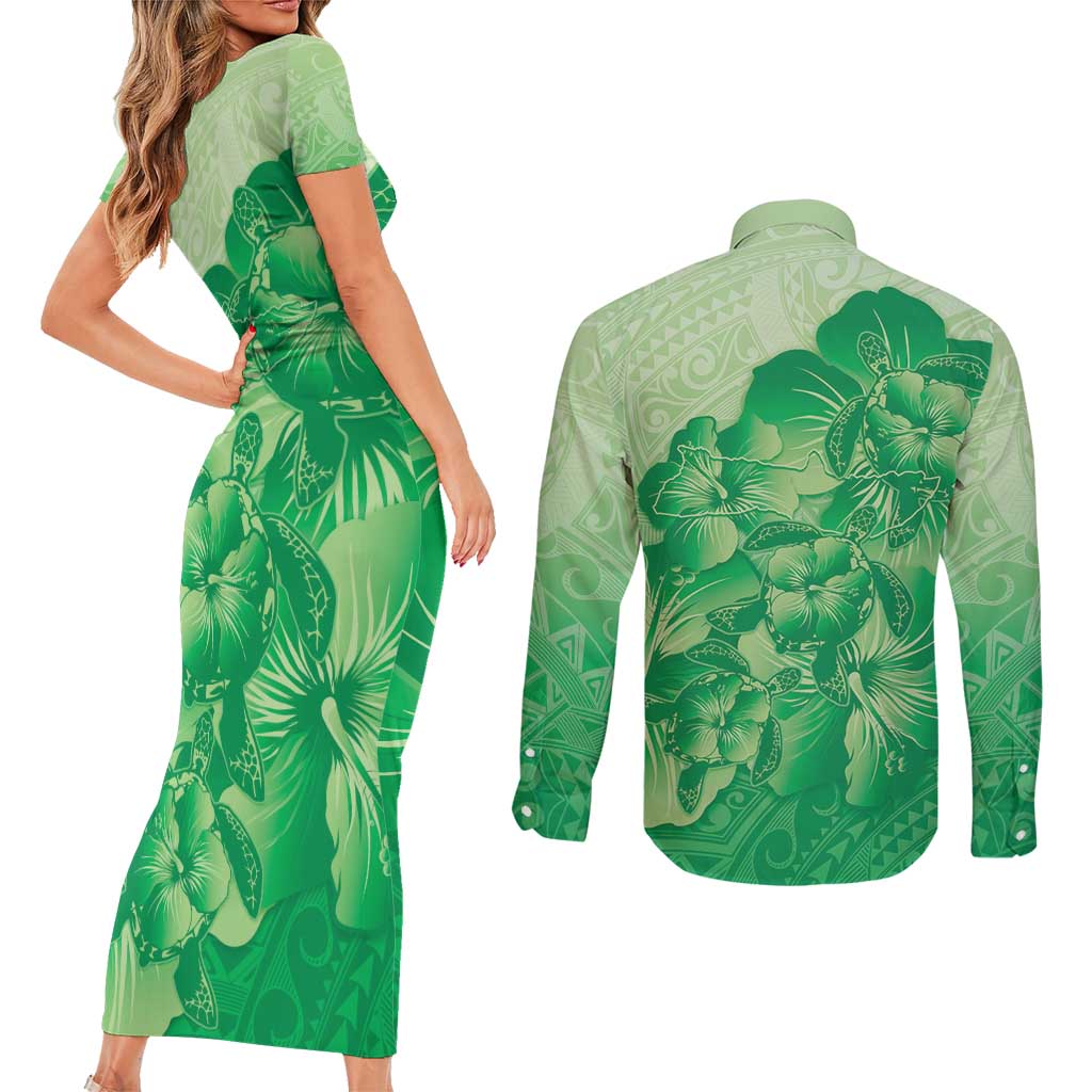 Aloha Hawaii Molokai Island Couples Matching Short Sleeve Bodycon Dress and Long Sleeve Button Shirt Hibiscus Tribal Honu Hawaiian Tattoo Green LT14 - Polynesian Pride