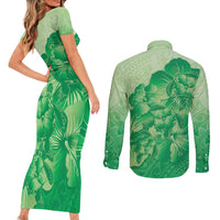 Aloha Hawaii Molokai Island Couples Matching Short Sleeve Bodycon Dress and Long Sleeve Button Shirt Hibiscus Tribal Honu Hawaiian Tattoo Green LT14 - Polynesian Pride
