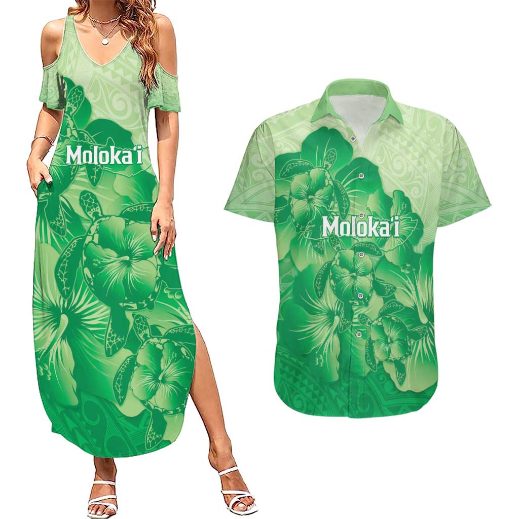 Aloha Hawaii Molokai Island Couples Matching Summer Maxi Dress and Hawaiian Shirt Hibiscus Tribal Honu Hawaiian Tattoo Green LT14 Green - Polynesian Pride