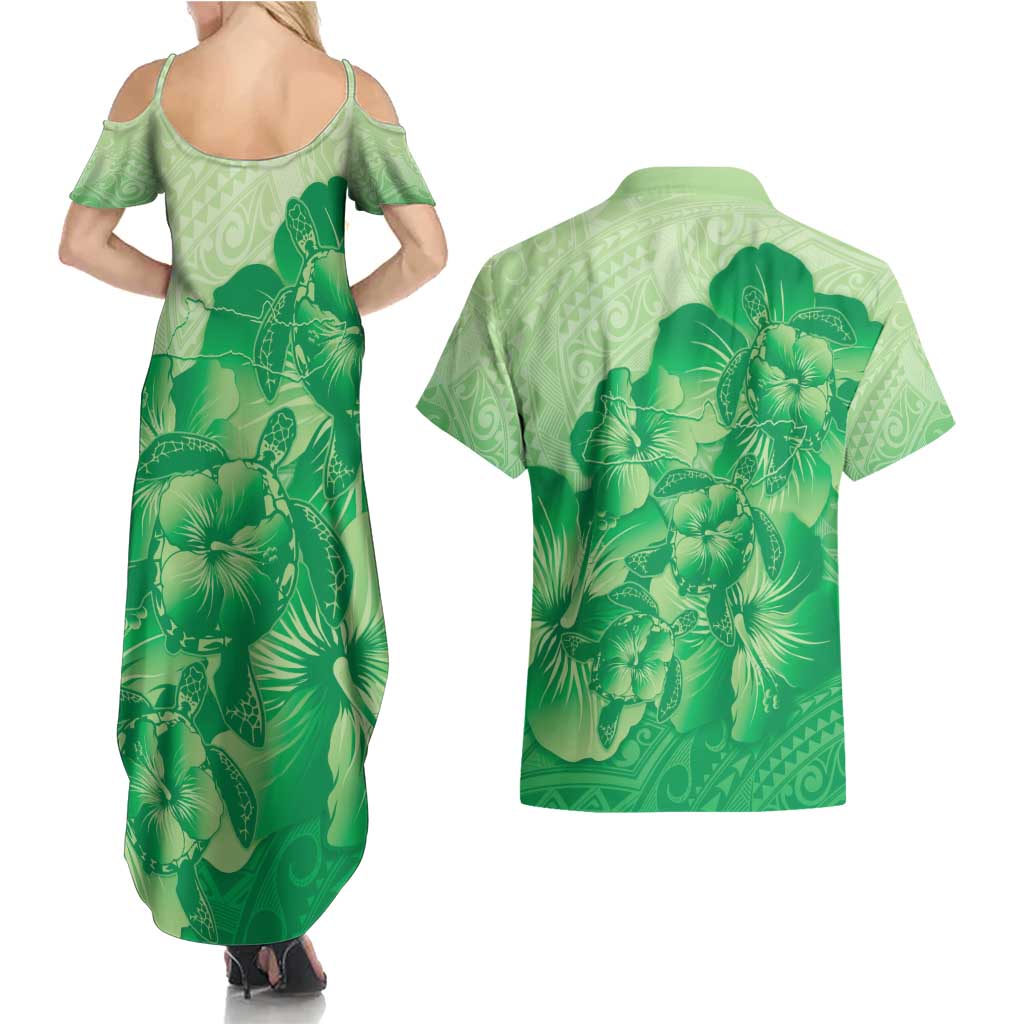 Aloha Hawaii Molokai Island Couples Matching Summer Maxi Dress and Hawaiian Shirt Hibiscus Tribal Honu Hawaiian Tattoo Green LT14 - Polynesian Pride