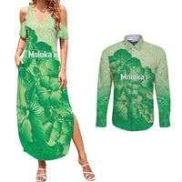Aloha Hawaii Molokai Island Couples Matching Summer Maxi Dress and Long Sleeve Button Shirt Hibiscus Tribal Honu Hawaiian Tattoo Green LT14 Green - Polynesian Pride