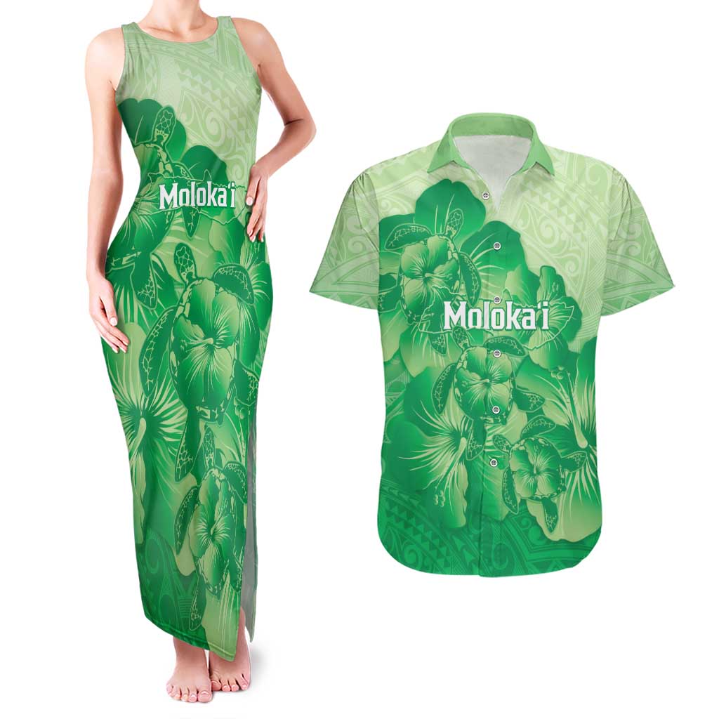 Aloha Hawaii Molokai Island Couples Matching Tank Maxi Dress and Hawaiian Shirt Hibiscus Tribal Honu Hawaiian Tattoo Green LT14 Green - Polynesian Pride