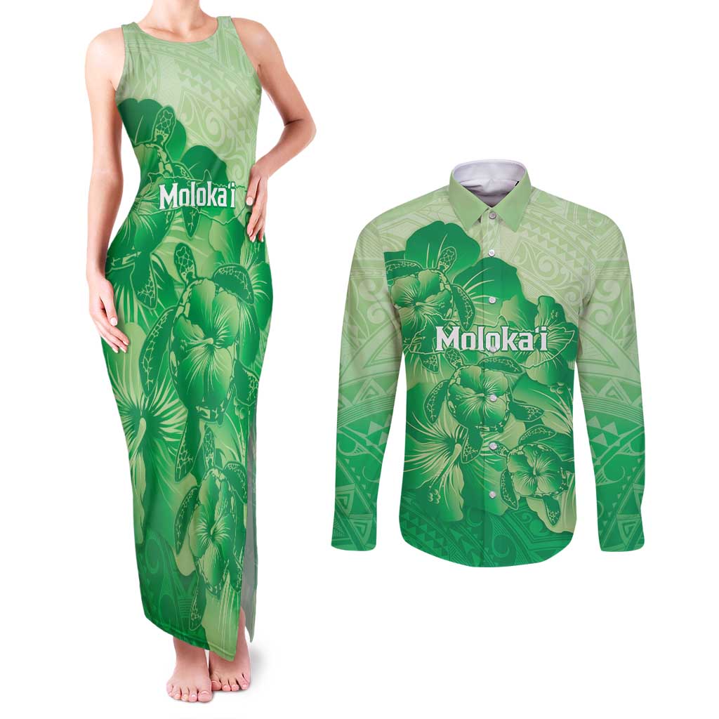 Aloha Hawaii Molokai Island Couples Matching Tank Maxi Dress and Long Sleeve Button Shirt Hibiscus Tribal Honu Hawaiian Tattoo Green LT14 Green - Polynesian Pride
