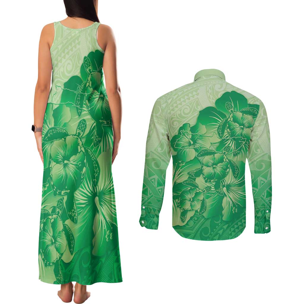 Aloha Hawaii Molokai Island Couples Matching Tank Maxi Dress and Long Sleeve Button Shirt Hibiscus Tribal Honu Hawaiian Tattoo Green LT14 - Polynesian Pride