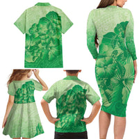 Aloha Hawaii Molokai Island Family Matching Long Sleeve Bodycon Dress and Hawaiian Shirt Hibiscus Tribal Honu Hawaiian Tattoo Green LT14 - Polynesian Pride