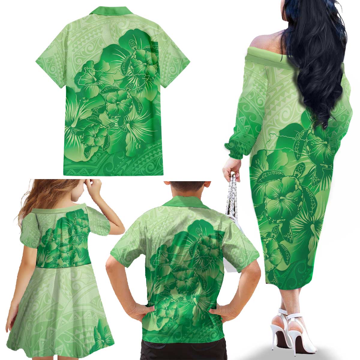 Aloha Hawaii Molokai Island Family Matching Off The Shoulder Long Sleeve Dress and Hawaiian Shirt Hibiscus Tribal Honu Hawaiian Tattoo Green LT14 - Polynesian Pride