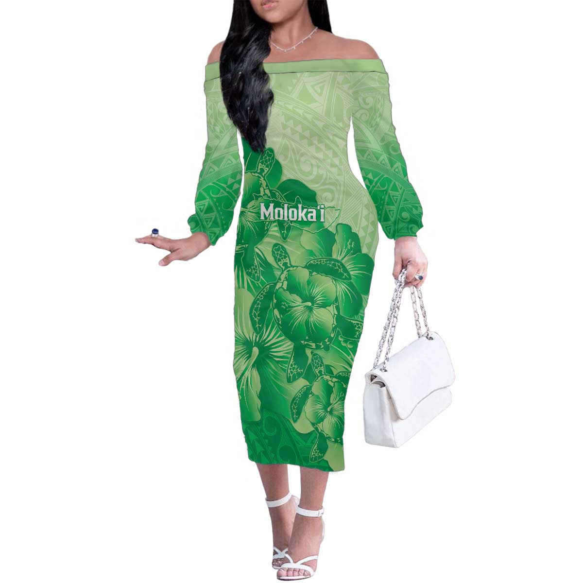 Aloha Hawaii Molokai Island Family Matching Off The Shoulder Long Sleeve Dress and Hawaiian Shirt Hibiscus Tribal Honu Hawaiian Tattoo Green LT14 Mom's Dress Green - Polynesian Pride