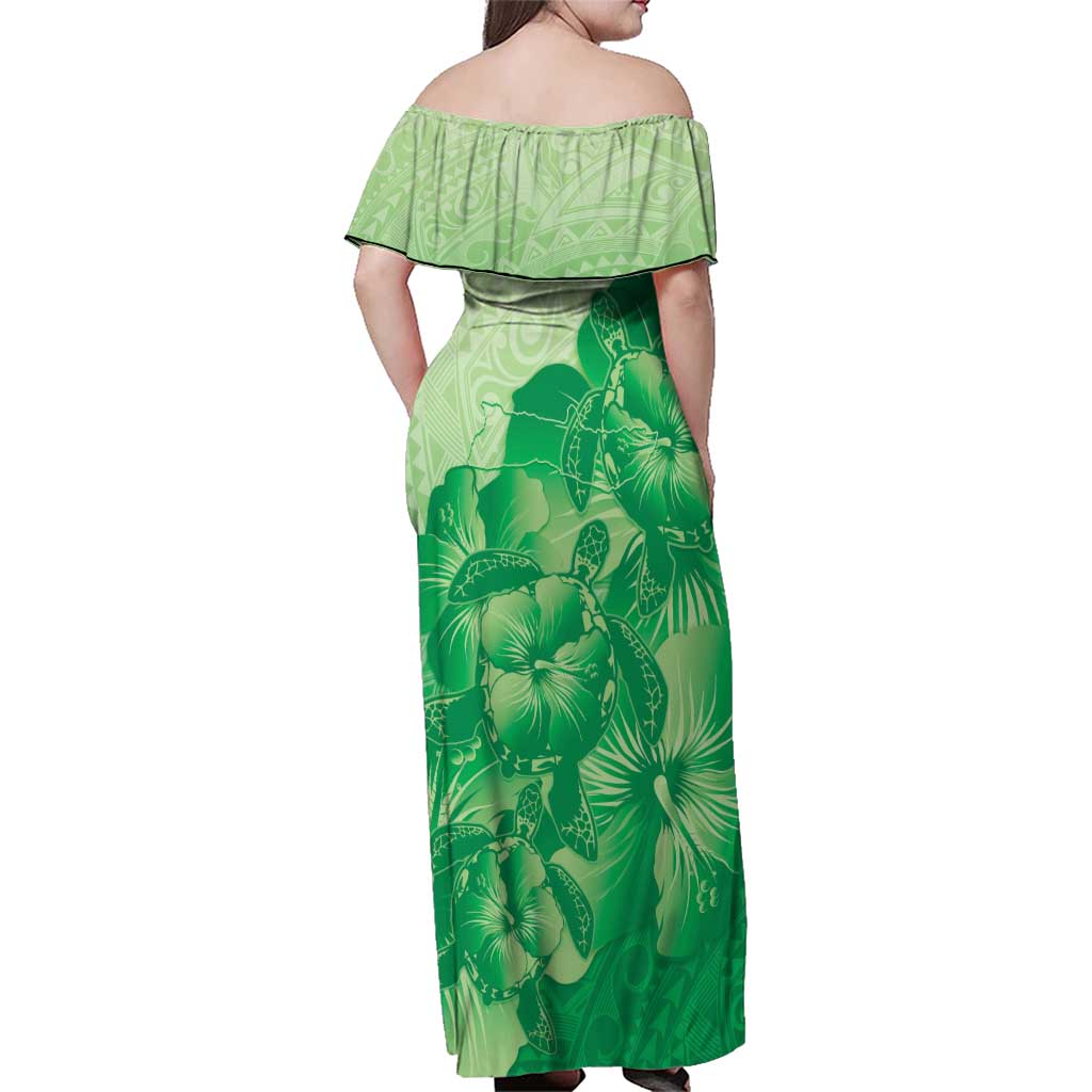 Aloha Hawaii Molokai Island Family Matching Off Shoulder Maxi Dress and Hawaiian Shirt Hibiscus Tribal Honu Hawaiian Tattoo Green LT14 - Polynesian Pride