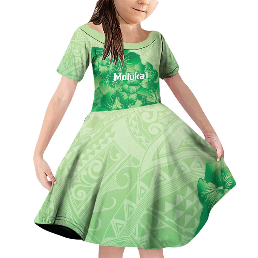 Aloha Hawaii Molokai Island Family Matching Off Shoulder Short Dress and Hawaiian Shirt Hibiscus Tribal Honu Hawaiian Tattoo Green LT14 Daughter's Dress Green - Polynesian Pride