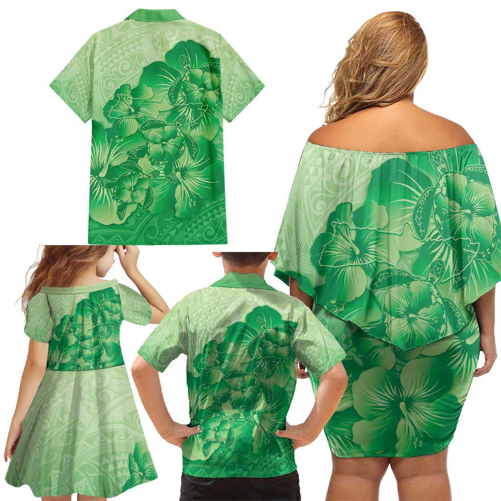 Aloha Hawaii Molokai Island Family Matching Off Shoulder Short Dress and Hawaiian Shirt Hibiscus Tribal Honu Hawaiian Tattoo Green LT14 - Polynesian Pride
