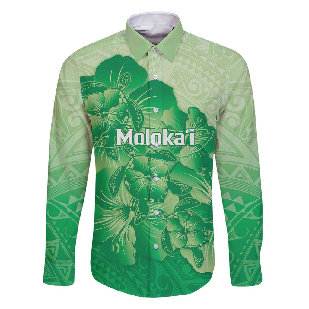 Aloha Hawaii Molokai Island Family Matching Off Shoulder Short Dress and Hawaiian Shirt Hibiscus Tribal Honu Hawaiian Tattoo Green LT14 Dad's Shirt - Long Sleeve Green - Polynesian Pride