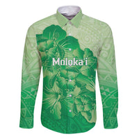 Aloha Hawaii Molokai Island Family Matching Off Shoulder Short Dress and Hawaiian Shirt Hibiscus Tribal Honu Hawaiian Tattoo Green LT14 Dad's Shirt - Long Sleeve Green - Polynesian Pride