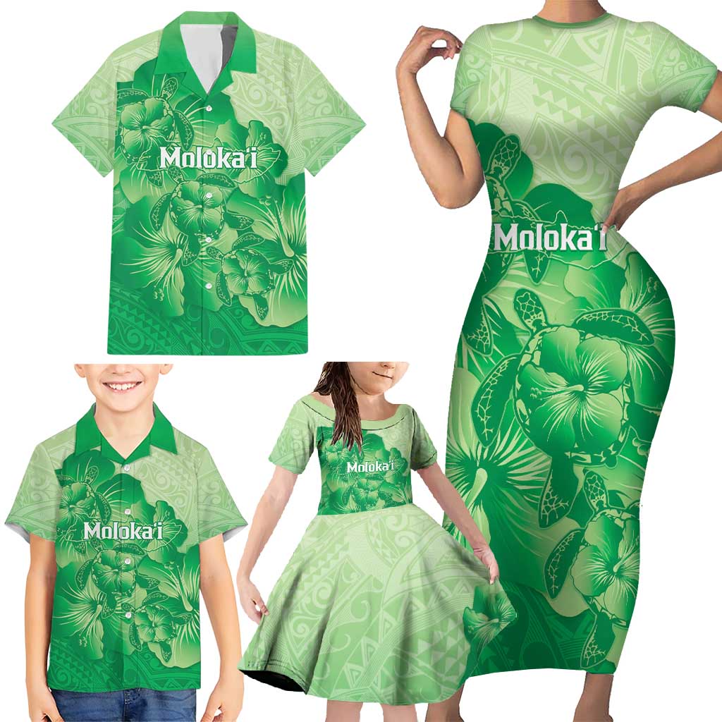 Aloha Hawaii Molokai Island Family Matching Short Sleeve Bodycon Dress and Hawaiian Shirt Hibiscus Tribal Honu Hawaiian Tattoo Green LT14 - Polynesian Pride