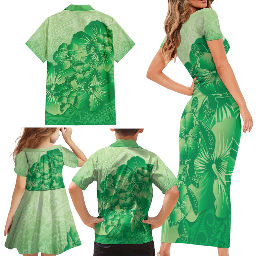 Aloha Hawaii Molokai Island Family Matching Short Sleeve Bodycon Dress and Hawaiian Shirt Hibiscus Tribal Honu Hawaiian Tattoo Green LT14 - Polynesian Pride