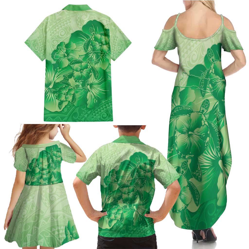 Aloha Hawaii Molokai Island Family Matching Summer Maxi Dress and Hawaiian Shirt Hibiscus Tribal Honu Hawaiian Tattoo Green LT14 - Polynesian Pride