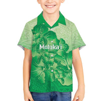 Aloha Hawaii Molokai Island Kid Hawaiian Shirt Hibiscus Tribal Honu Hawaiian Tattoo Green LT14 Kid Green - Polynesian Pride