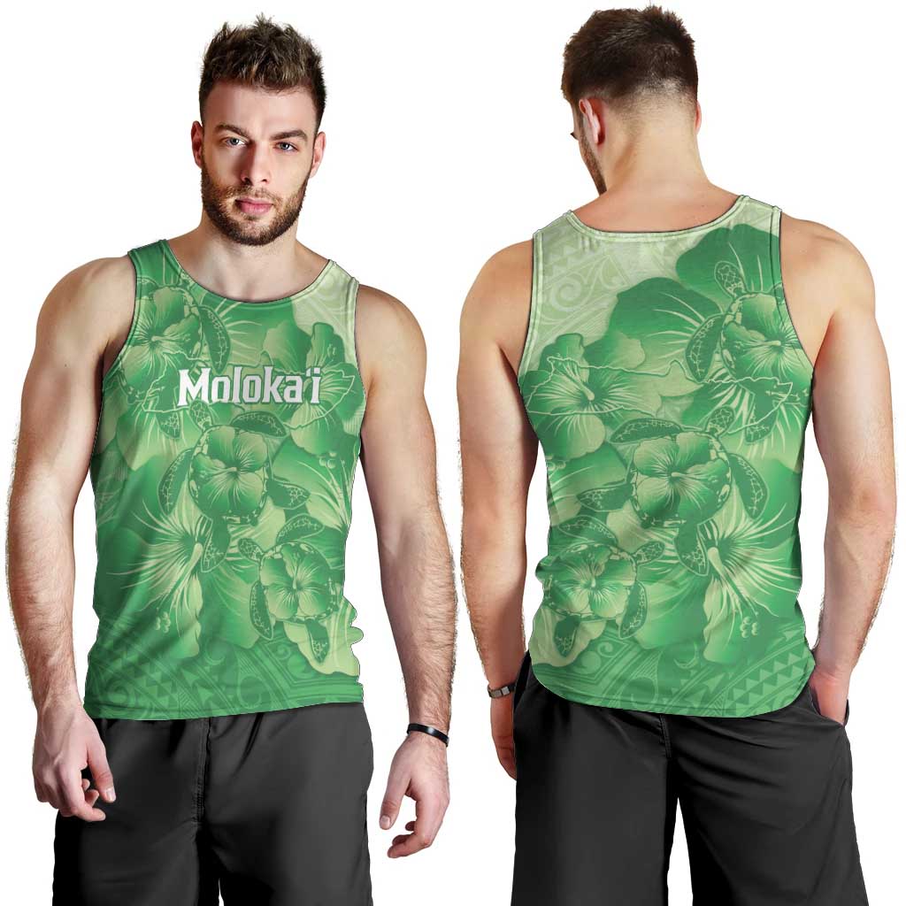 Aloha Hawaii Molokai Island Men Tank Top Hibiscus Tribal Honu Hawaiian Tattoo Green