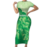 Aloha Hawaii Molokai Island Short Sleeve Bodycon Dress Hibiscus Tribal Honu Hawaiian Tattoo Green LT14 Long Dress Green - Polynesian Pride