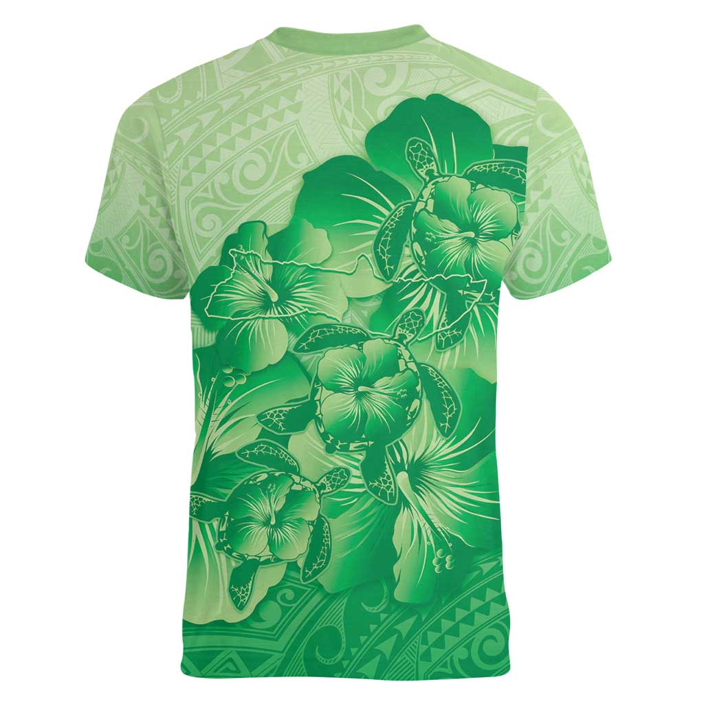 Aloha Hawaii Molokai Island Women V-Neck T-Shirt Hibiscus Tribal Honu Hawaiian Tattoo Green LT14 - Polynesian Pride
