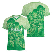 Aloha Hawaii Molokai Island Women V-Neck T-Shirt Hibiscus Tribal Honu Hawaiian Tattoo Green LT14 - Polynesian Pride
