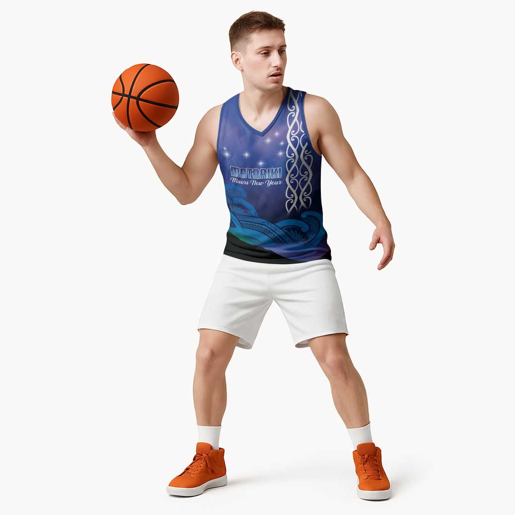Personalised Matariki New Zealand Basketball Jersey Maori New Year Galaxy Koru Pattern - Polynesian Pride