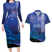Personalised Matariki New Zealand Couples Matching Long Sleeve Bodycon Dress and Hawaiian Shirt Maori New Year Galaxy Koru Pattern LT14 Blue - Polynesian Pride