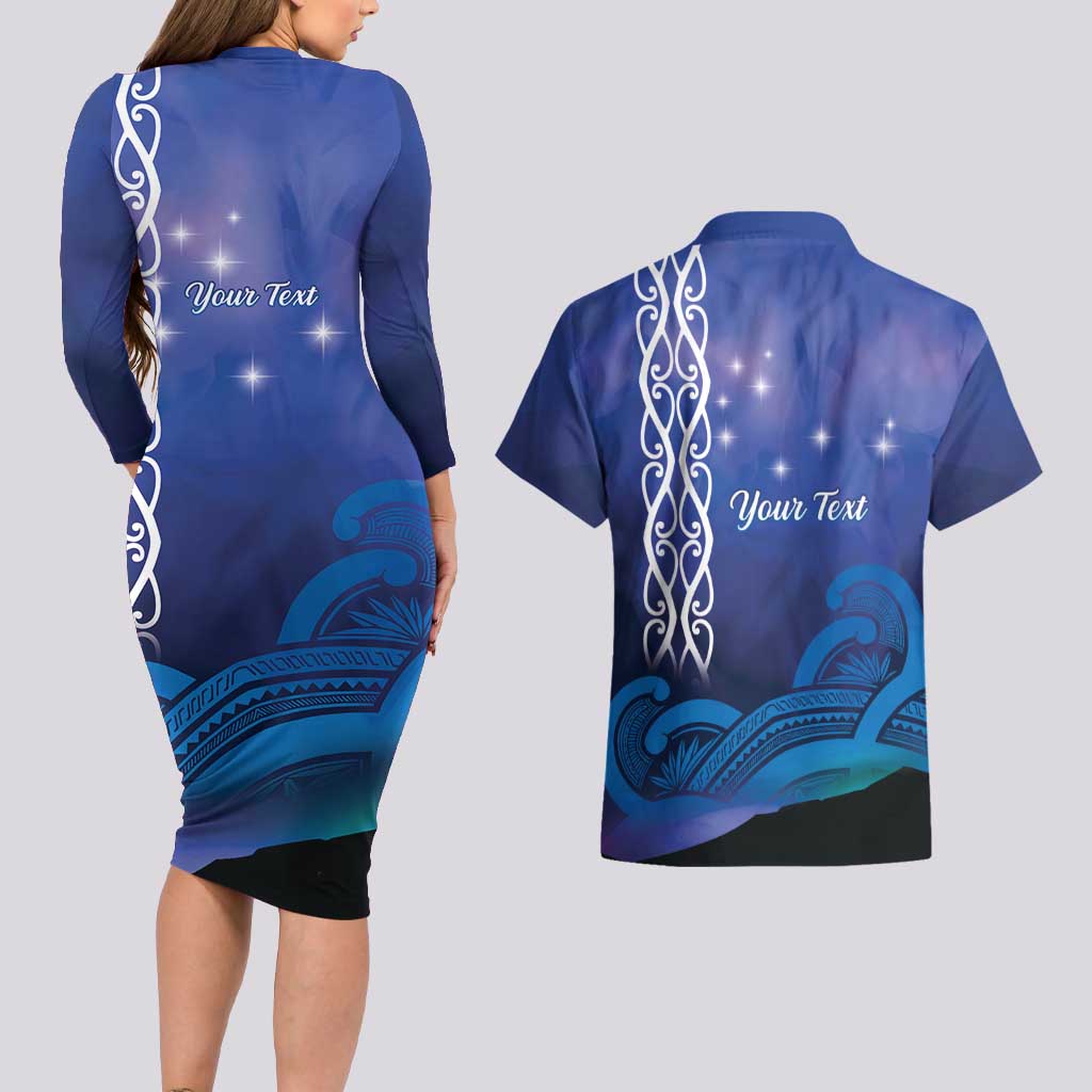Personalised Matariki New Zealand Couples Matching Long Sleeve Bodycon Dress and Hawaiian Shirt Maori New Year Galaxy Koru Pattern LT14 - Polynesian Pride