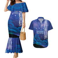 Personalised Matariki New Zealand Couples Matching Mermaid Dress and Hawaiian Shirt Maori New Year Galaxy Koru Pattern LT14 Blue - Polynesian Pride