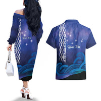 Personalised Matariki New Zealand Couples Matching Off The Shoulder Long Sleeve Dress and Hawaiian Shirt Maori New Year Galaxy Koru Pattern LT14 - Polynesian Pride