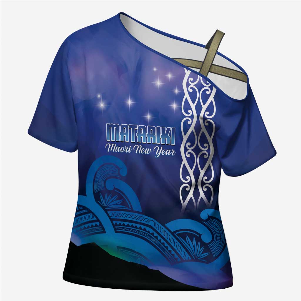 Personalised Matariki New Zealand Cross Shoulder Shirt Maori New Year Galaxy Koru Pattern LT14 Female Blue - Polynesian Pride