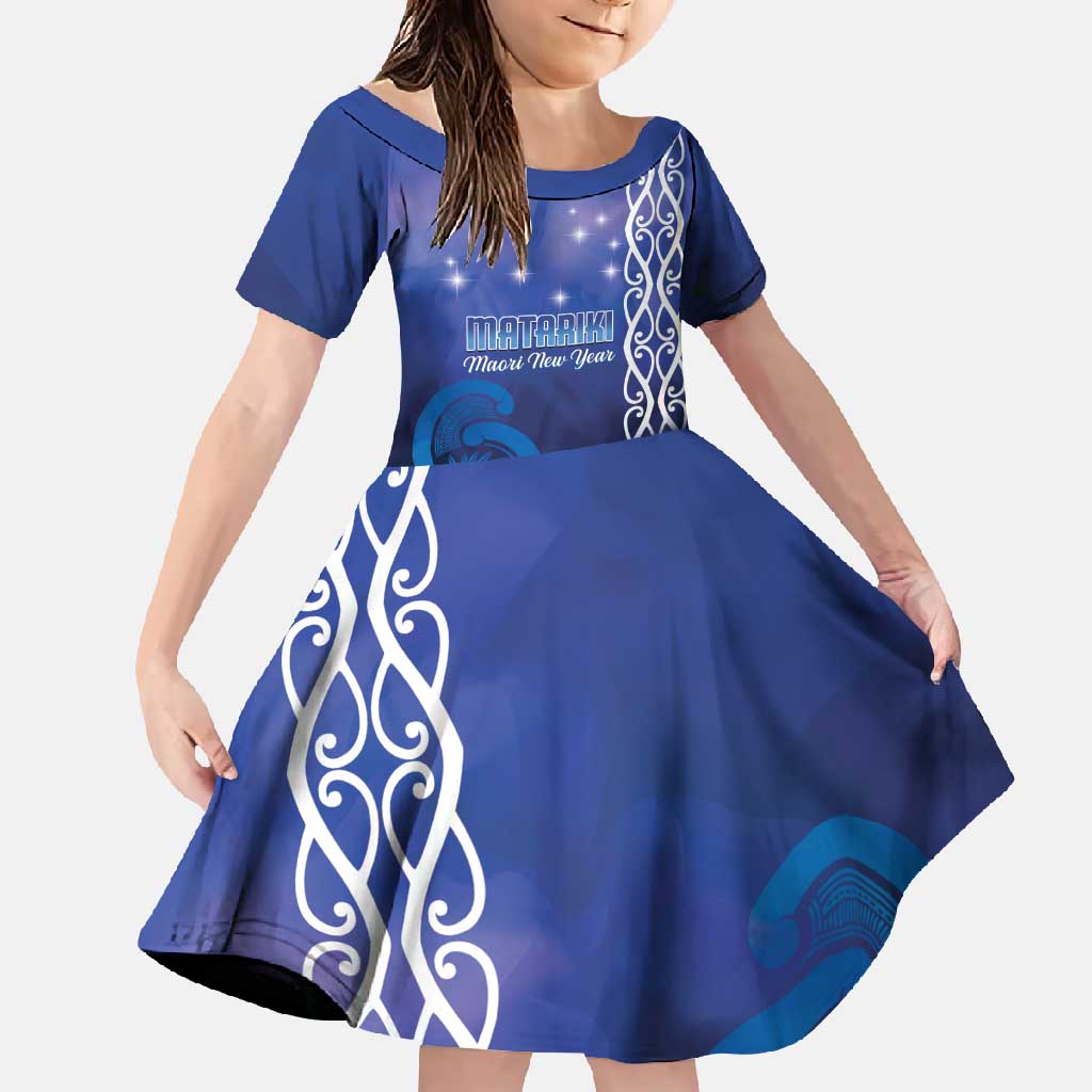 Personalised Matariki New Zealand Family Matching Long Sleeve Bodycon Dress and Hawaiian Shirt Maori New Year Galaxy Koru Pattern LT14 Daughter's Dress Blue - Polynesian Pride
