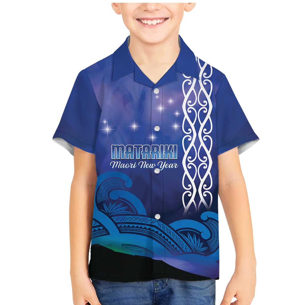 Personalised Matariki New Zealand Family Matching Mermaid Dress and Hawaiian Shirt Maori New Year Galaxy Koru Pattern LT14 Son's Shirt Blue - Polynesian Pride