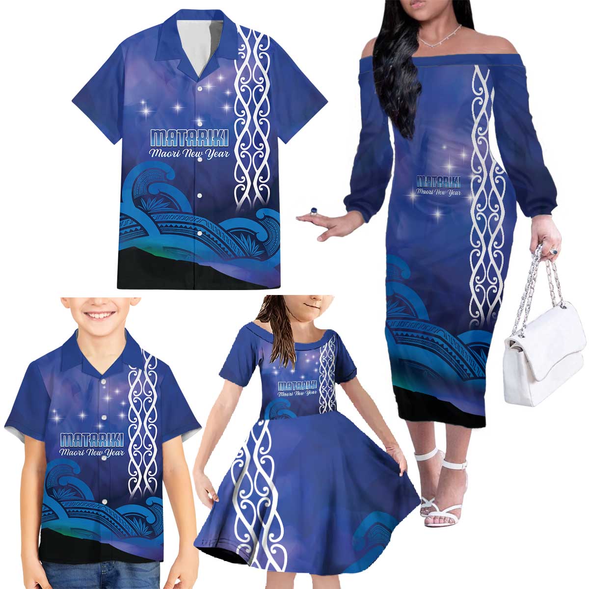 Personalised Matariki New Zealand Family Matching Off The Shoulder Long Sleeve Dress and Hawaiian Shirt Maori New Year Galaxy Koru Pattern LT14 - Polynesian Pride